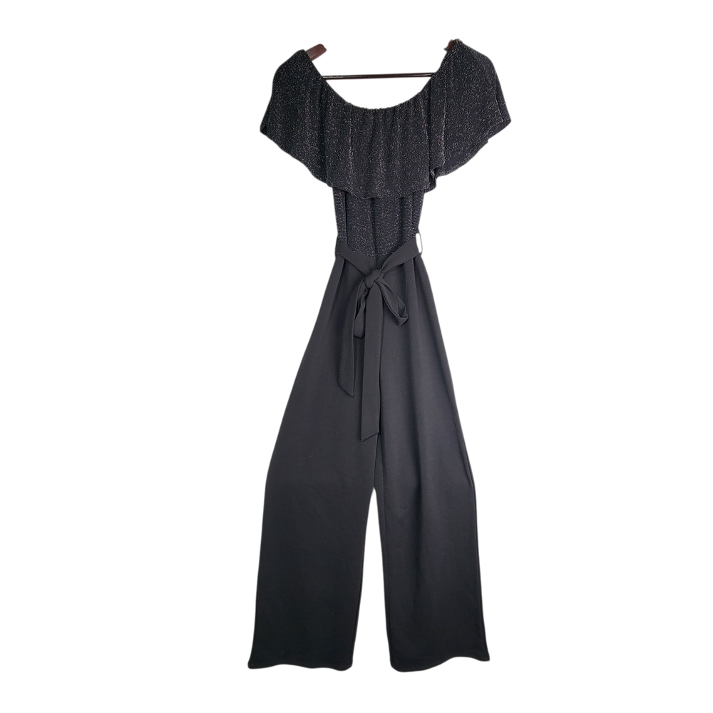 Almost Famous Black Sparkle Top Off-Shoulder Jumpsuit Wide Leg Women Size Small